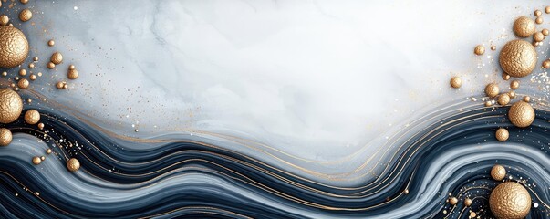 Poster - Marble watercolor idea. Elegant abstract design with fluid lines, gold spheres, and soft colors for creative projects.