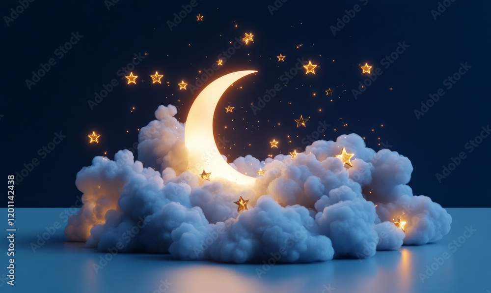 Golden crescent moon with stars and fluffy clouds on dark night sky ...