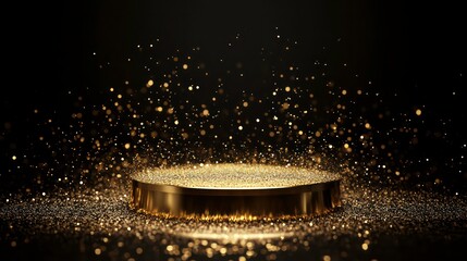 Aufkleber - Golden podium with sparkling particles on dark background.