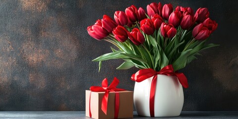 Canvas Print - Vibrant red tulips in a white vase with green leaves next to a brown gift box tied with a bright red ribbon against a dark textured background