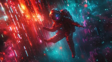 Canvas Print - Astronaut floating in vibrant colorful space with streaks of light.