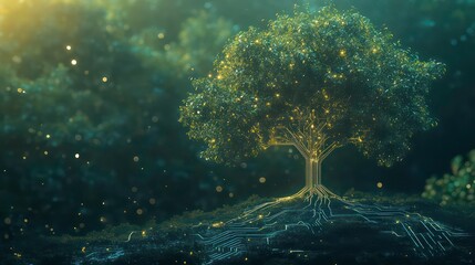 Aufkleber - Glowing tree with intricate roots on digital ground, ethereal forest background.