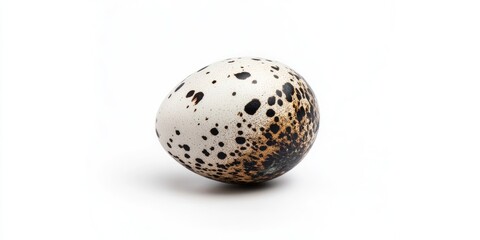 Quail egg with a speckled black and brown pattern resting on a white background, positioned slightly off-center to the right.