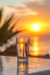 Wall Mural - A glass of water reflecting the vibrant colors of a mesmerizing sunset over the ocean, creating a serene and tranquil atmosphere.
