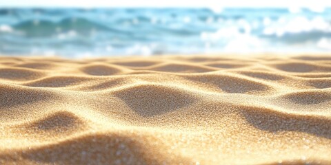 Sticker - Sandy beach texture in summer sunlight with soft golden hues in foreground and blurred blue ocean waves creating a serene natural backdrop