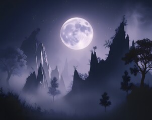 a moonlit landscape of jagged mountains and ethereal trees, bathed in silvery light and soft lavende