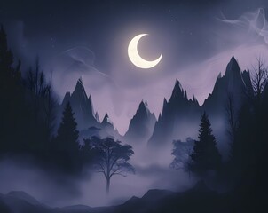 a moonlit landscape of jagged mountains and ethereal trees, bathed in silvery light and soft lavende