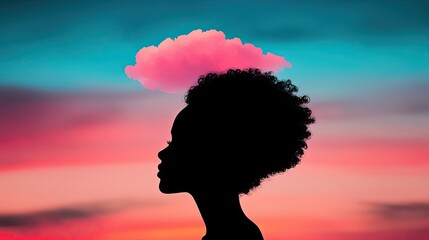 Canvas Print - Cloudy watercolor idea. Silhouette of a woman with a colorful cloud above her head during a vibrant sunset.