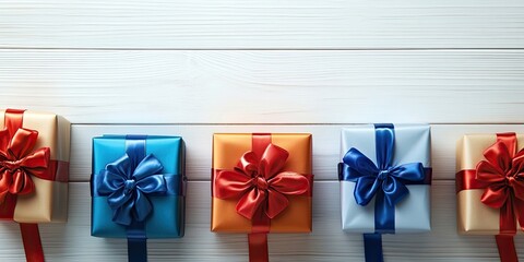 Vibrant metallic gift boxes in blue, orange, and silver adorned with red and blue satin ribbons positioned on a softly lit white wooden surface