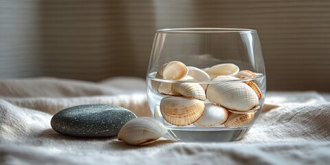 Sticker - Clear glass filled with water and sea shells resting on sand hued tablecloth with gray stone nearby creating ample copy space on the left