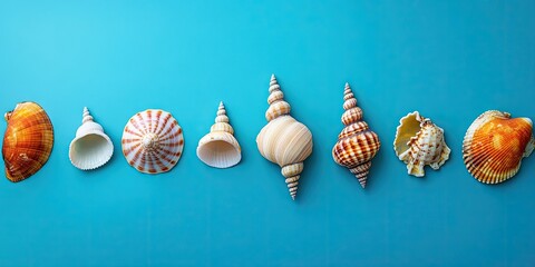 Sticker - Colorful seashells arranged in a line on a vibrant blue background showcasing various shapes and patterns with bright highlights and shadows