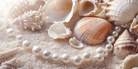 Sticker - Seashells and pearls arranged on a sandy white beach with soft natural lighting highlighting earthy tones and textures in the composition.