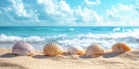 Sticker - Seashells in a row on golden sand with a vibrant blue ocean and cloudy sky in the background, capturing a serene summer vibe.