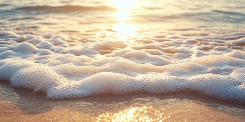 Sticker - Sunlit shore with gentle sea waves crashing creating foam on warm sand, golden evening light reflecting off the water, showcasing natural textures.