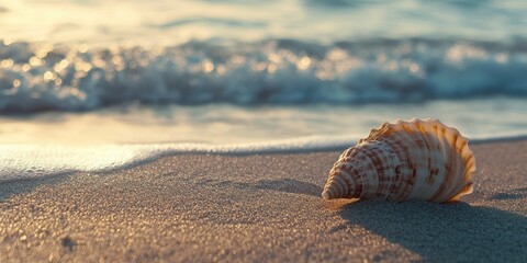 Sticker - Seashell on golden sand beach with soft waves in background reflecting sunset colors creating a warm summer vibe and tranquil atmosphere