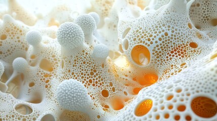 Poster - Abstract 3D render of a porous, organic structure with textured surfaces and glowing orange inner cavities.