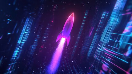 Aufkleber - Futuristic rocket launching through vibrant digital cityscape.