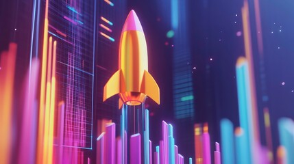 Aufkleber - A vibrant, stylized rocket launching amidst glowing data streams and rising bars, symbolizing growth and innovation.