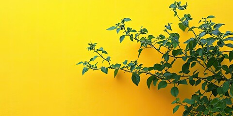 Canvas Print - Vibrant green potato vine leaves with delicate flowers against a bright yellow background showcasing ample copy space on the left side.