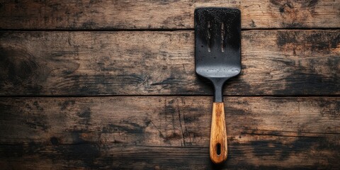 Black spatula with wooden handle resting on a rustic wooden surface with dark tones ideal for culinary text and cooking themed designs