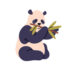 Wall Mural - Panda, Asian Chinese bear eating bamboo branch, leaf. Cute jungle animal sitting, holding green leaves, food plant. Giant hungry mammal, fauna. Flat vector illustration isolated on white background