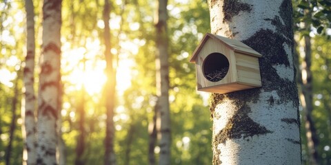 Handcrafted wooden bird nesting box on birch tree trunk with bright green leaves and soft sunlight creating a serene ecology theme with ample copy space.