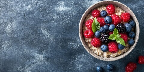 Poster - Steel cut oatmeal porridge in a light gray bowl topped with vibrant raspberries and blueberries on a dark textured background with space for text