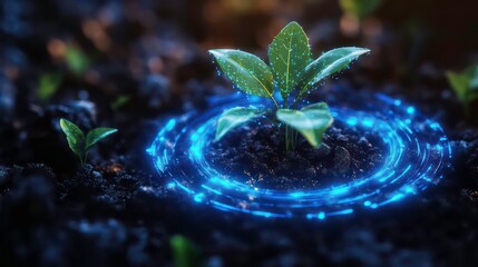 Aufkleber - A young sprout in rich soil with a glowing blue circular light around it.