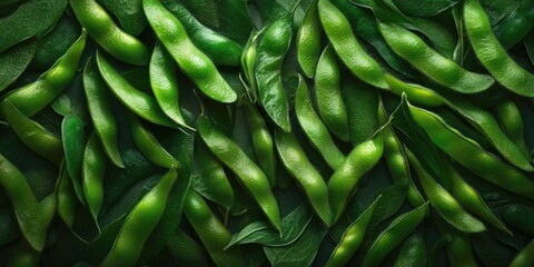 Canvas Print - Fresh green soybeans arranged on a dark background, showcasing various shades of green, with curved pods overlapping amid smooth leaves.