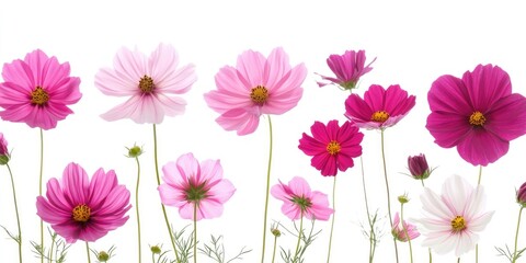 Poster - Vibrant fuchsia and pink cosmos flowers arranged against a white background showcasing detailed macro perspective with soft depth of field.