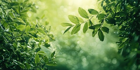 Canvas Print - Lush green leaves glistening with dew in a vibrant soft-focus nature background with warm light filtering through a serene natural environment