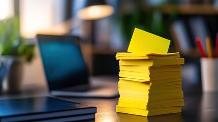 Leinwandbilder - High stack of yellow sticky notes on a desk with laptop and books in blurred background.