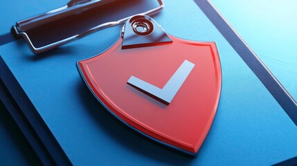 Poster - Red shield with checkmark on clipboard, symbolizing security and approval.