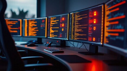 Artificial intelligence, SIEM concept, A modern workspace featuring multiple monitors displaying colorful code and digital data, creating a high-tech atmosphere.
