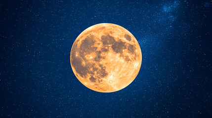 Wall Mural - orange full moon shining brightly against a backdrop of a dark, starry night sky.