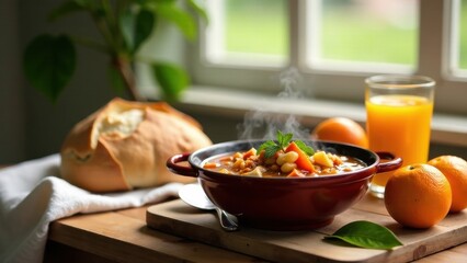 Wall Mural - Aromatic Vegetable Stew with Freshly Baked Bread and a Glass of Orange Juice, a Wholesome and Nutritious Meal Ready for Enjoyment