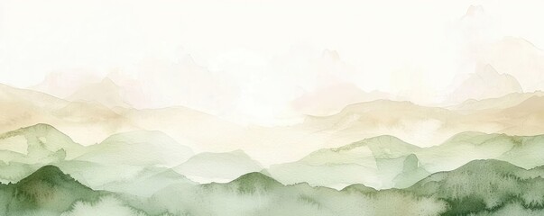 Wall Mural - Fluid watercolor concept. A serene watercolor landscape depicting rolling hills and soft, muted colors.