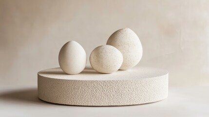 Poster - Three textured ceramic eggs on a pedestal against a neutral background.