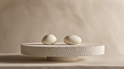 Poster - Two smooth, white stones rest on a textured, round pedestal against a neutral backdrop.
