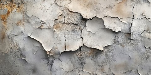 Aged cracked plaster wall texture featuring shades of gray and beige with peeling paint creating space for text and design elements.