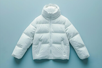 A blank white down jacket mockup, laid out on a plain background, showcasing space for custom design or logo placement.