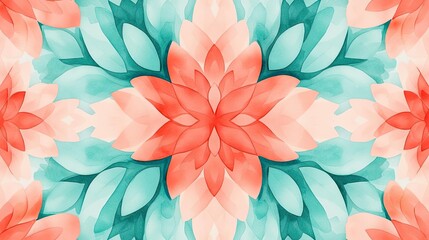 Sticker - Mandala watercolor idea. Vibrant floral design with coral and teal leaves forming a beautiful pattern.