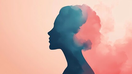 Wall Mural - Glazed watercolor idea. A stylized profile of a woman blending with colorful, abstract cloud shapes.