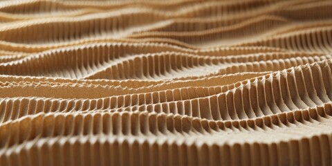 Wall Mural - Textured waves of light brown corrugated cardboard showcasing distinct patterns and grooves in a close-up perspective.