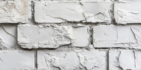 Poster - Textured white bricks with a weathered appearance on a gray wall, showcasing a close-up view with cracks and rough surfaces for design inspiration.