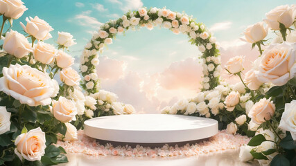 Wall Mural - a circular white platform, surrounded by blooming white roses