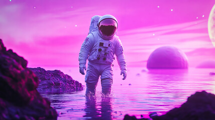 Wall Mural - An astronaut walking in the water of an alien planet