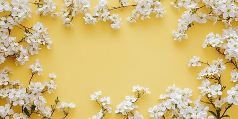 Wall Mural - Charming flat lay of delicate white blossoms on vibrant yellow background with empty central space for text ideal for floral design projects