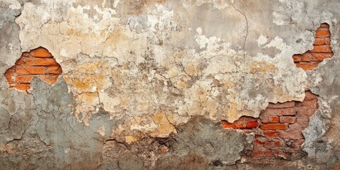 Poster - Old cracked wall with peeling paint and exposed bricks in earthy tones of gray, cream, and orange creating a textured grunge background.