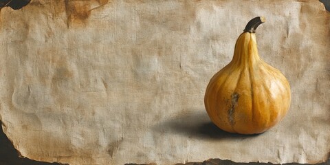 Vintage textured paper background featuring a single orange gourd positioned on the left with soft shadows, earthy tones, and a rustic feel.